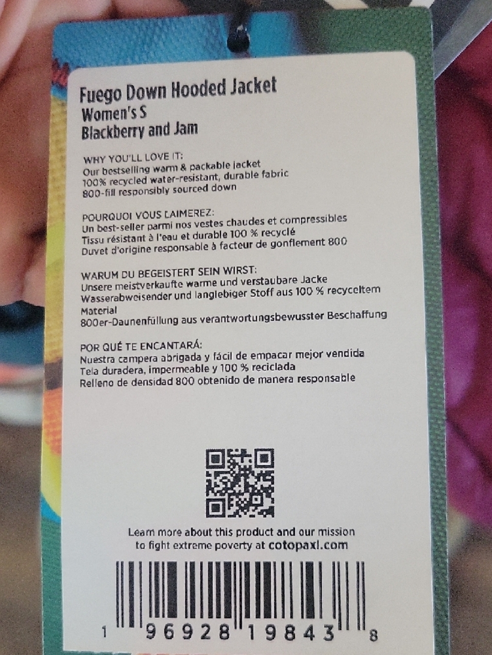 cotopaxi Purple, Pink & Gold Colorblock Hooded Puffer Jacket - Picture 7 of 7